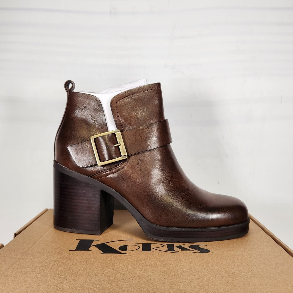 Korks Kari Ankle Boot Women Size 9.5 Dark Brown Buckle Strap Block Heel Bootie
